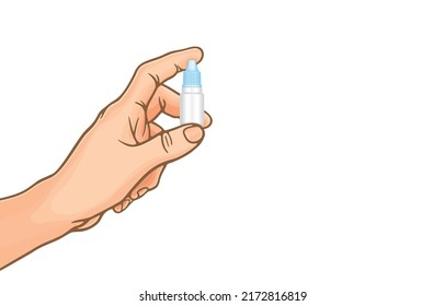 Vector Illustration Of Hand Holding Eye Drop Bottle,ear Drop Bottle,white Plastic Bottle With Blue Cap,eye Drug Dropper,eye Drop Container,on White,Eye Care,medical Equipment,pharmaceutical Product.