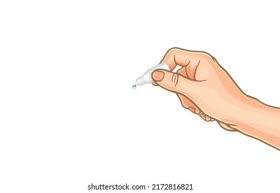 Vector Illustration Of Hand Holding Eye Drop Or Ear Drop Bottle With Droplet,white Plastic Bottles,eye Drug Dropper,eye Drop Container,on White,Eye Care,medical Equipment,pharmaceutical Product.