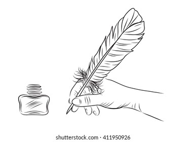vector illustration of a hand holding feather pen. EPS