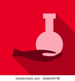 Vector illustration of hand holding flask and test tube icon. Chemical science equipment. in flat style with shadow