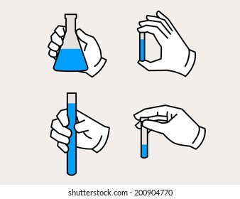 Vector illustration of hand holding flask and test tube icon. Chemical science equipment.
