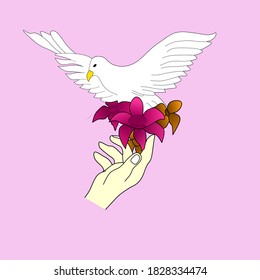 vector illustration of a hand holding a flower and a bird perching.