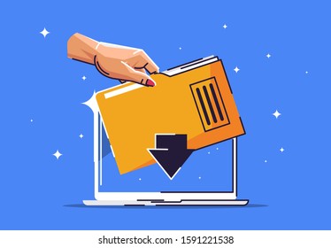 vector illustration of a hand holding a folder of documents over a laptop, copying files to a laptop