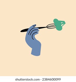 Vector illustration hand holding fork with broccoli. Healthy food concept