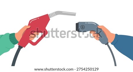 Vector illustration of hand holding a gas pump and electric car charging plug. Innovation transportation concept. 