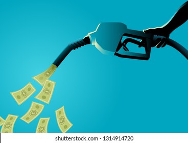 Vector illustration of a hand holding gasoline fuel pump pouring money 