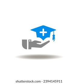 Vector illustration of hand holding or giving graduation cap with cross. Icon of medical professional skill development. Symbol of add skills, knowledge. Pictogram of online learning service.
