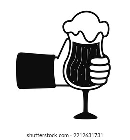  Vector illustration with hand holding glass of beer. Black and white pub or bar decoration print design