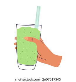 Vector illustration of a hand holding a glass of green smoothie. Detox drink. The concept of healthy eating. Isolated design on a white background.