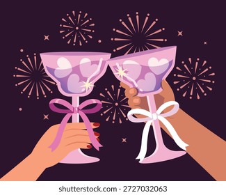 vector illustration of a hand holding a glass of champagne with a couple. Cocktail party invitation, celebration seasonal.