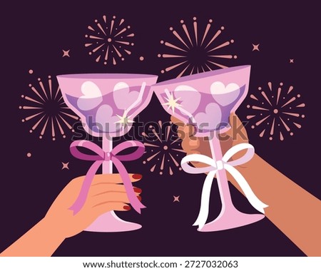 vector illustration of a hand holding a glass of champagne with a couple. Cocktail party invitation, celebration seasonal.