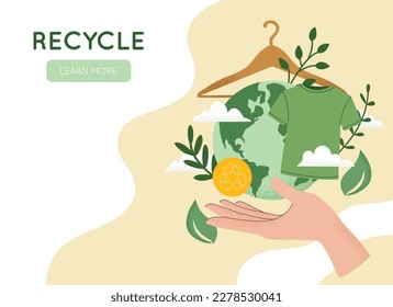 Vector illustration of hand holding green recycling t-shirt, Reuse, Reduce, Recycle symbol, Earth planet globe. Slow sustainable fashion, eco concept, environment care