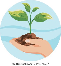 Vector illustration of hand holding green sprout. Symbolizing care, growth and nurturing in agriculture. Gardening, Ecology 
concepts.