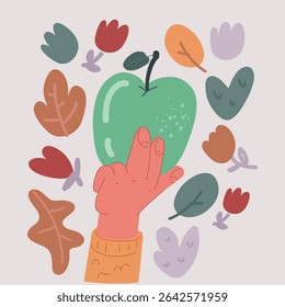 Vector illustration of hand holding green Apple