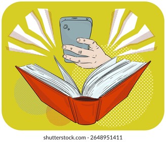 Ilustração vetorial da mão segurando um smartphone cinza acima de um livro aberto com uma capa marrom-avermelhada no fundo amarelo-verde com elementos abstratos ao redor.