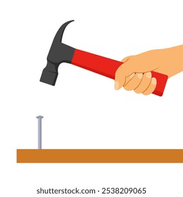 Vector illustration of a hand holding a hammer and striking a nail into a wooden board, isolated on a white backgrounnd