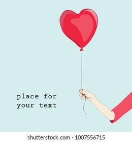 Vector illustration of the hand holding heart balloon on light blue background. Place for your text