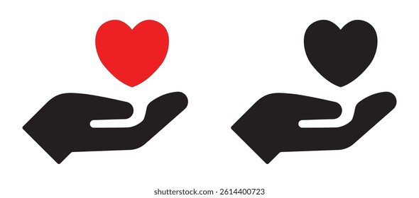  Vector illustration of a hand holding a heart symbol, representing love, care, support, charity, donation, healthcare, and kindness. Ideal for medical, social, or volunteer themes. Heart, icons.