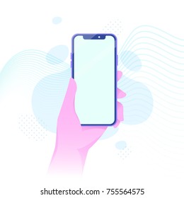 Vector illustration of hand holding hi-tech contemporary smartphone in bright flat style. Material design color.