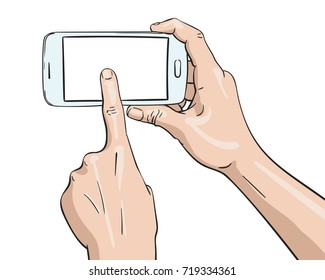 Vector illustration of hand holding horizontally white smartphone and finger pressing blank screen, Illustration in sketch style isolated on white background