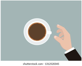 Vector illustration of hand holding hot coffee cup, business person want to drink coffee, coffee break concept, morning time, flat cartoon style on white background