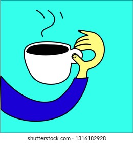 Vector illustration of hand holding hot coffee cup, person want to drink coffee, coffee break concept, morning time, flat cartoon style on blue background. 