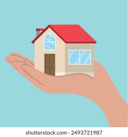 Vector illustration of a hand holding a house, symbolizing real estate, home ownership, and property management. Light blue background.