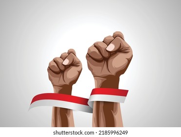 Vector illustration, hand holding Indonesia flag, as banner or background, Indonesia independence day.