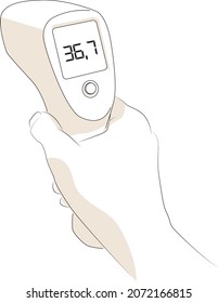 Vector illustration of a hand holding infrared thermometer. 