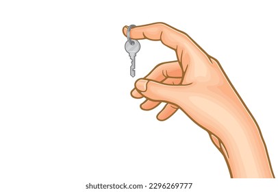 Vector illustration of hand holding keys or keys ring in index finger,house keys,keys used to open,close or lock,used in conjunction with padlock,isolated on white.picking up small objects by hand.