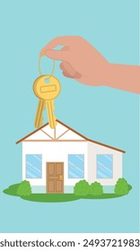 Vector illustration of a hand holding keys over a new house, symbolizing homeownership and the completion of a property purchase. Ideal for real estate and home buying themes.