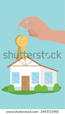 Vector illustration of a hand holding keys over a new house, symbolizing homeownership and the completion of a property purchase. Ideal for real estate and home buying themes.