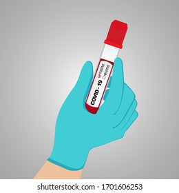 Vector illustration of hand holding laboratory sample of blood testing for Positive COVID-19 test isolated on grey background.