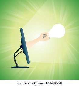Vector illustration of hand holding a light bulb on a computer monitor.