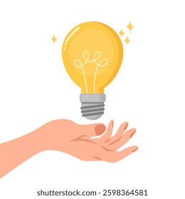 A vector illustration of a hand holding a light bulb, symbolizing ideas, innovation, and creative solutions.
