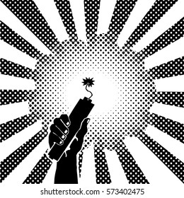 Vector illustration of a hand holding a lit dynamite surrounded by explosive puff for the concept: Risky action.