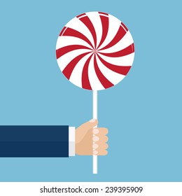 Vector illustration of hand holding a lollipop. Profitable offer concept. Flat design