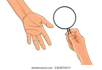 Vector illustration of hand holding magnifying glass,palmistry,fortune teller prepares fortune telling from the left hand that is extended down,isolated on white.Personal belief in future destiny.