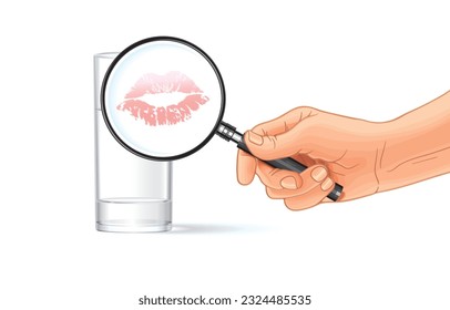 Ilustración vectorial de la mano sosteniendo la lupa a través de un vaso de agua transparente donde marca de pintalabios, marca de besos de pintalabios rojos de mujer, impresión de lápiz labial, aislada en blanco.Dejando huellas en vidrio.