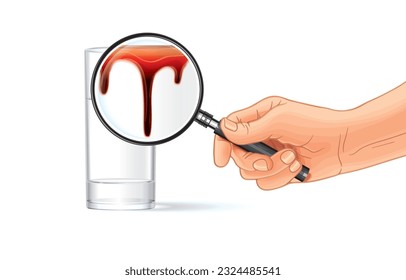 Ilustración vectorial de la mano sosteniendo el vaso de aumento a través de un vaso de agua transparente donde la sangre se mancha en el borde del vidrio, gotas de sangre salpicadas rojas, manchas aisladas en blanco. Encontrando la verdad del asesinato.