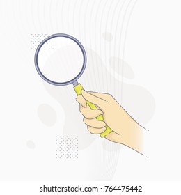 Vector illustration of hand holding magnifying glass in flat line style.