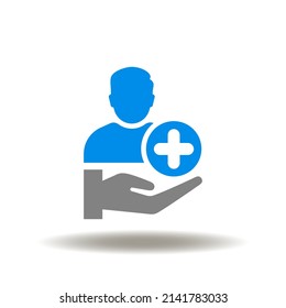 Vector Illustration Of Hand Holding Man With Plus. Icon Of Customer Care. Symbol Of Patient Experience. Sign Of Employee Benefits.