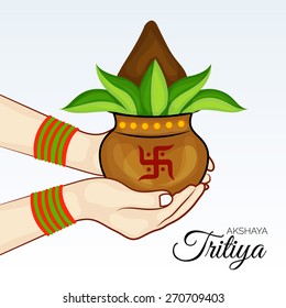Vector illustration of hand holding mangal kalash for Akshaya Tritiya in gray background. 