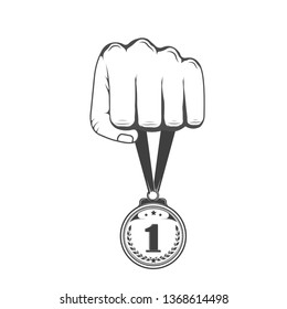 Vector illustration. Hand holding a medal. Prize, reward for victory. Graphic object