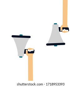 Vector illustration of a hand holding a megaphone. Information conveyed through loudspeakers.