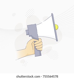 Vector illustration of hand holding megaphone in flat line style.