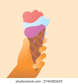 Vector illustration of a hand holding a melting ice cream cone with colorful scoops. Minimalist flat design for summer snacks, desserts, and cafe menus isolated on a warm peach background.