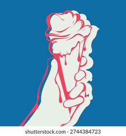 Vector illustration of a hand holding a melting ice cream cone with  scoops. Minimalist flat design for summer snacks, desserts, and cafe menus isolated on a blue background.