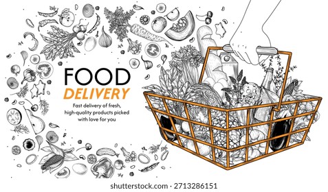 	
Vector illustration of a hand holding a metal basket with groceries in a store. Template for a grocery store with vegetables. Banner for fast delivery of farm products. Healthy eating