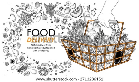 	
Vector illustration of a hand holding a metal basket with groceries in a store. Template for a grocery store with vegetables. Banner for fast delivery of farm products. Healthy eating
